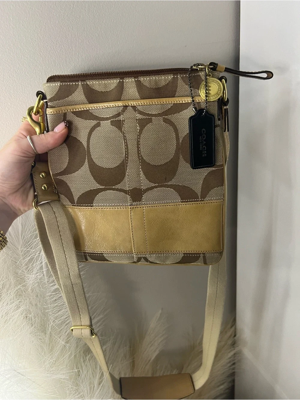 Coach Brown Signature Crossbody with Yellow-Tan Leather Trim